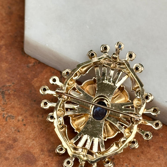 Estate 10KT Yellow Gold Oval and Round Blue Stone Pin + Swivel Bail for Pendant