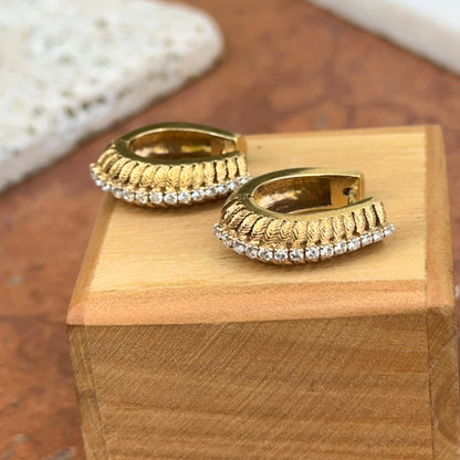 Estate 14KT Yellow Gold Mid Century Bark Matte & Diamond Oval Hoop Earrings