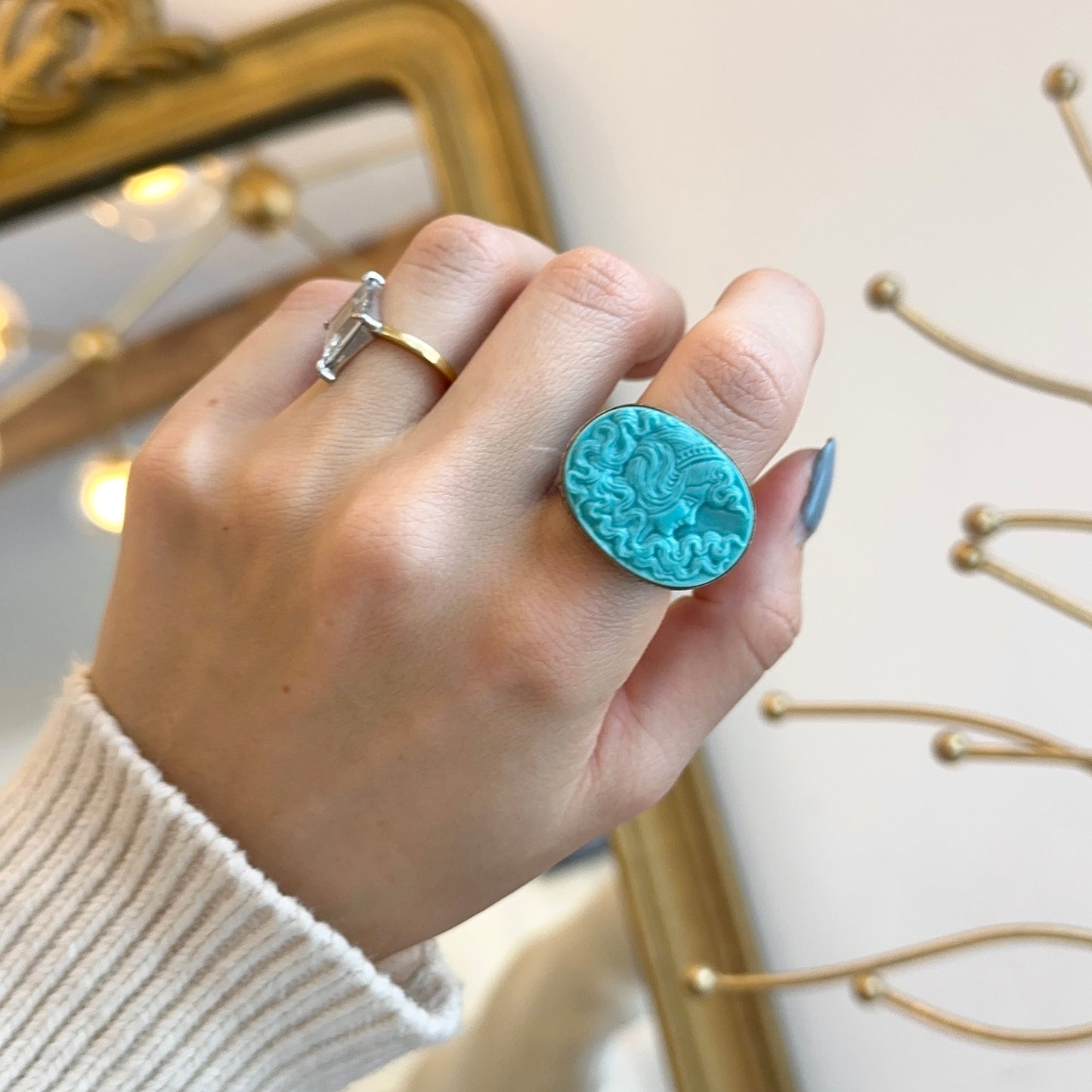 Estate 14KT Yellow Gold Black Marble + Carved Turquoise Dome Band Ring