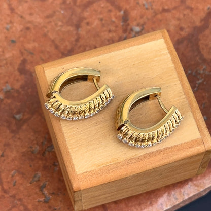 Estate 14KT Yellow Gold Mid Century Bark Matte & Diamond Oval Hoop Earrings