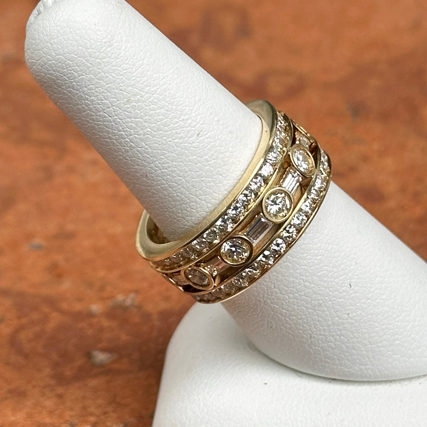 Estate 18KT Yellow Gold Round + Baguette Diamond Eternity Band Ring