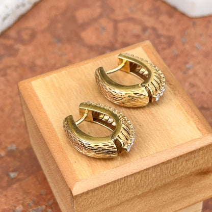 Estate 14KT Yellow Gold Mid Century Bark Matte & Diamond Oval Hoop Earrings