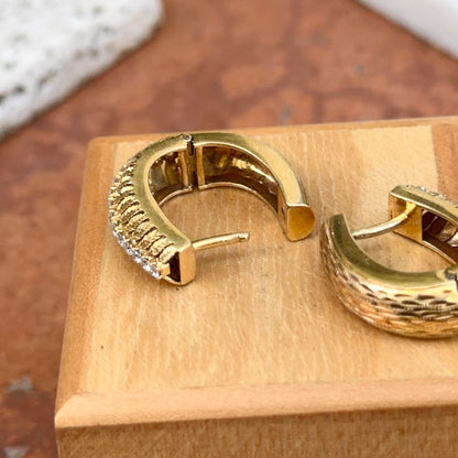 Estate 14KT Yellow Gold Mid Century Bark Matte & Diamond Oval Hoop Earrings