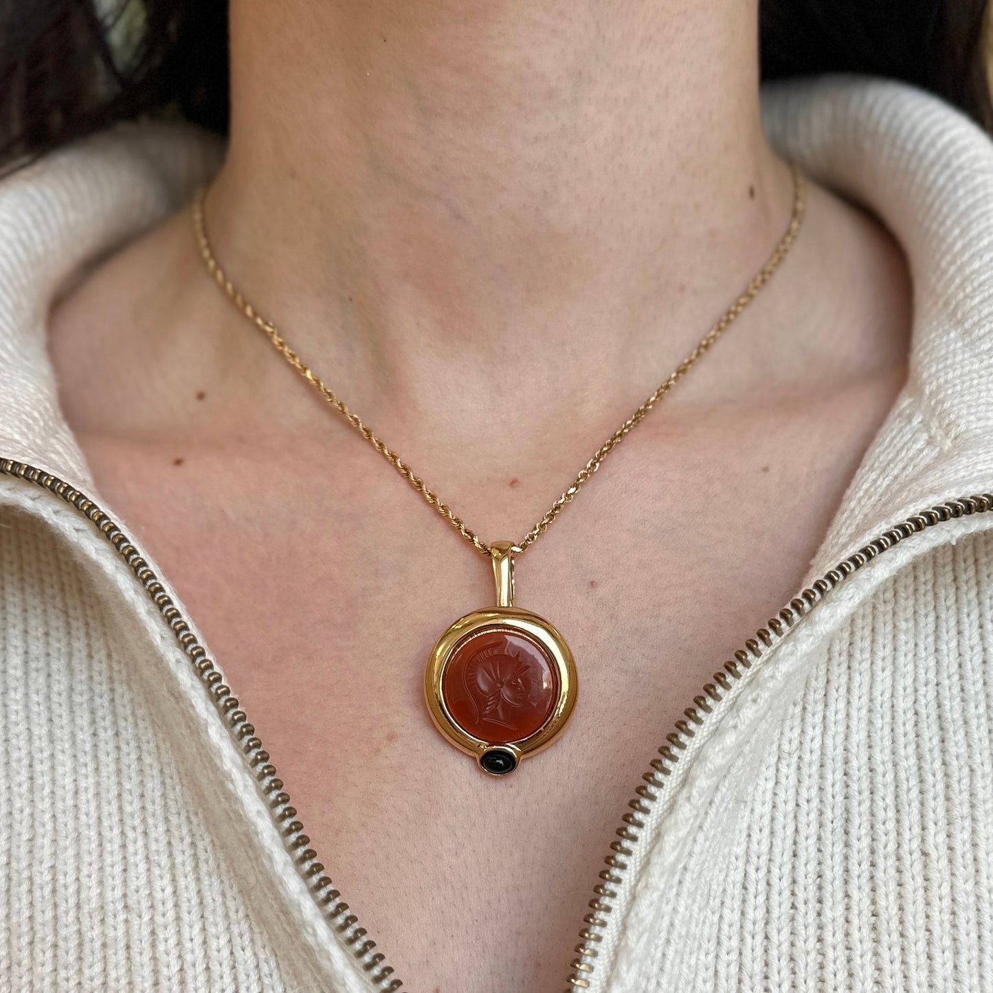 Vintage Gold Tone Replica Roman Intalio Carnelian Onyx Coin Pendant