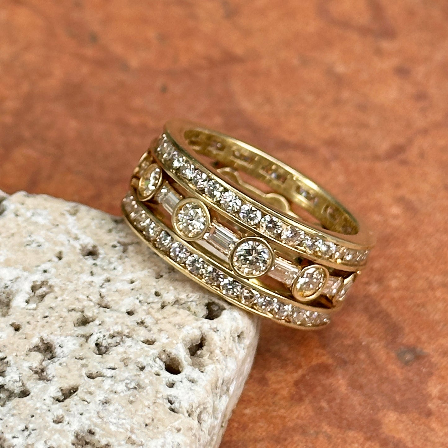 Estate 18KT Yellow Gold Round + Baguette Diamond Eternity Band Ring