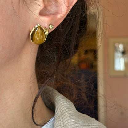 Estate 14KT Yellow Gold Teardrop Tiger's Eye Omega Back Earrings