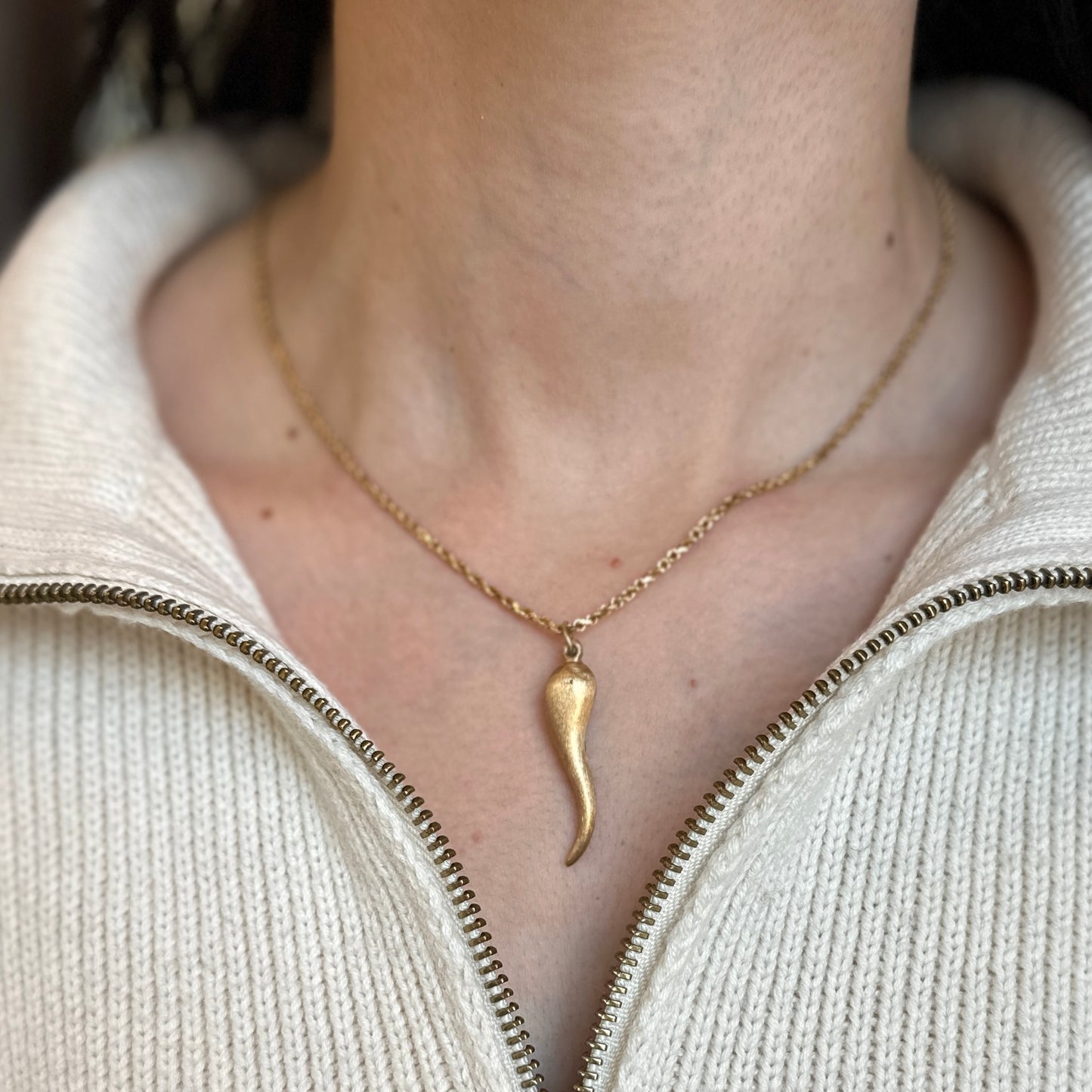 Estate 14KT Yellow Gold Matte Bark "Cornicello" Pendant Charm 40mm