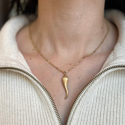 Estate 14KT Yellow Gold Matte Bark "Cornicello" Pendant Charm 40mm