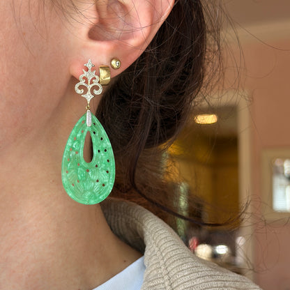 Estate 14KT Yellow Gold Carved Jade + Diamond Dangle Drop Earrings