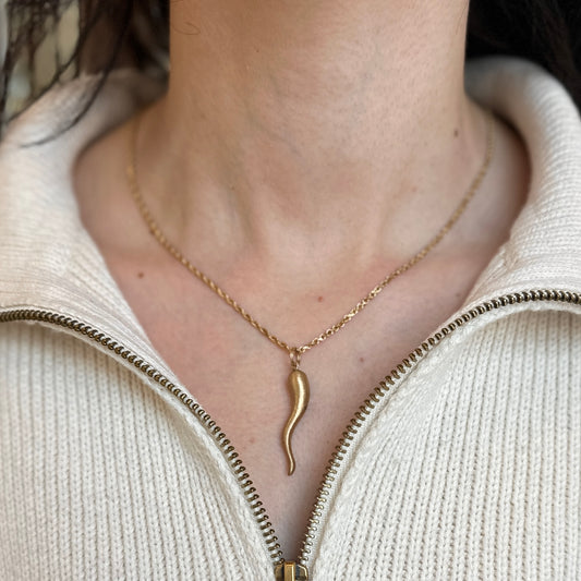 Estate 14KT Yellow Gold Matte Bark "Cornicello" Pendant Charm 40mm