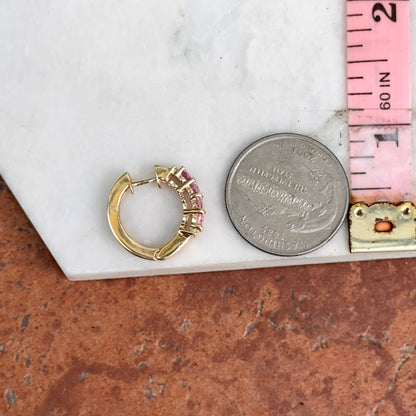 Estate 14KT Yellow Gold Pink Sapphire and Diamond Huggie Hoop Earrings