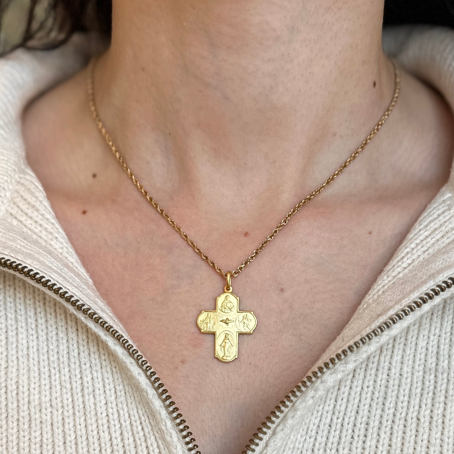 14KT Yellow Gold Matte Four Way Cross Medal Pendant 30mm
