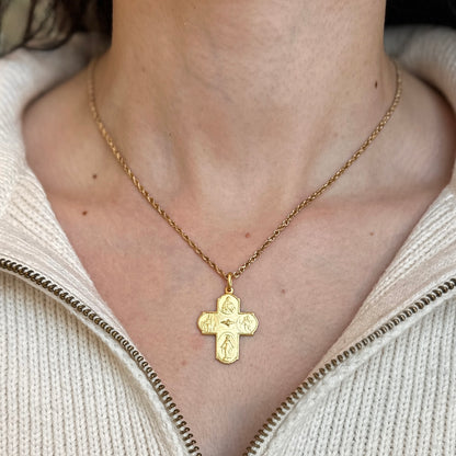 14KT Yellow Gold Matte Four Way Cross Medal Pendant 30mm