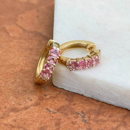 Estate 14KT Yellow Gold Pink Sapphire and Diamond Huggie Hoop Earrings