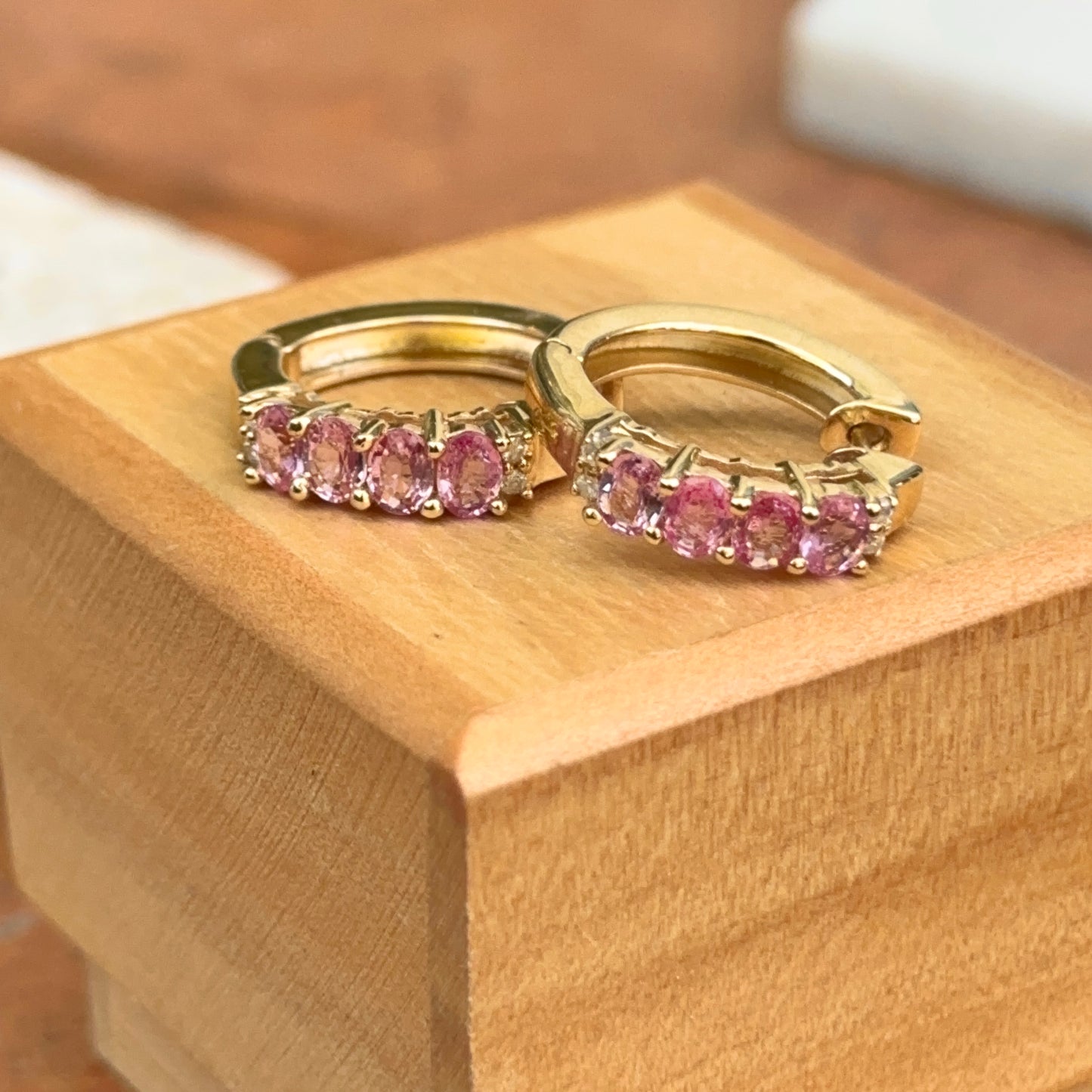 Estate 14KT Yellow Gold Pink Sapphire and Diamond Huggie Hoop Earrings