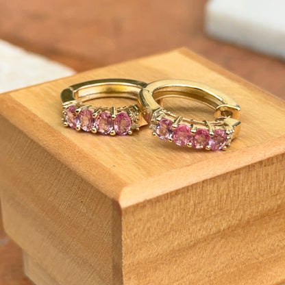 Estate 14KT Yellow Gold Pink Sapphire and Diamond Huggie Hoop Earrings