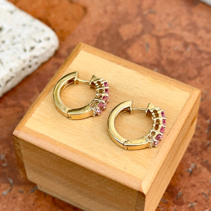 Estate 14KT Yellow Gold Pink Sapphire and Diamond Huggie Hoop Earrings