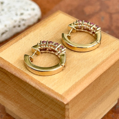 Estate 14KT Yellow Gold Pink Sapphire and Diamond Huggie Hoop Earrings
