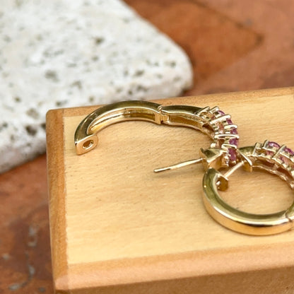 Estate 14KT Yellow Gold Pink Sapphire and Diamond Huggie Hoop Earrings