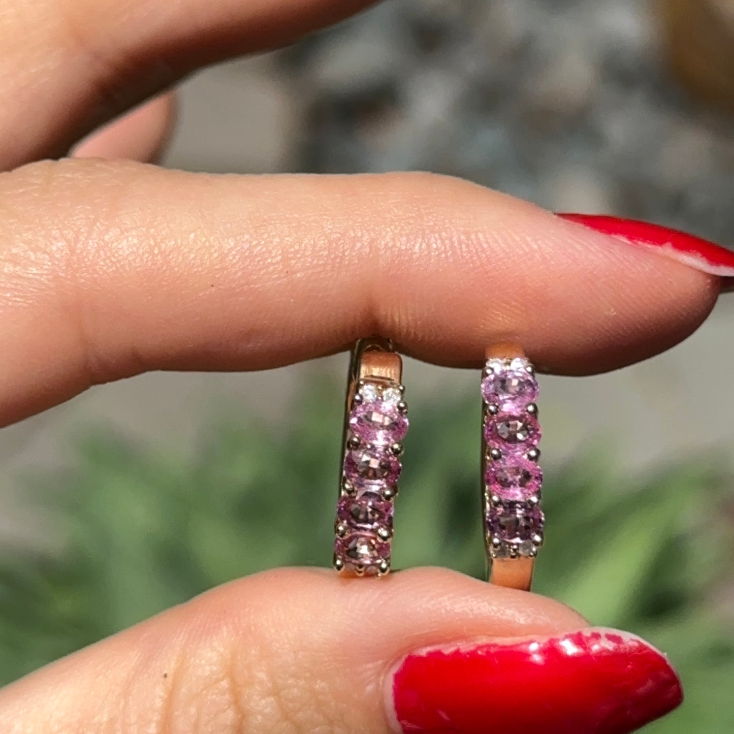 Estate 14KT Yellow Gold Pink Sapphire and Diamond Huggie Hoop Earrings
