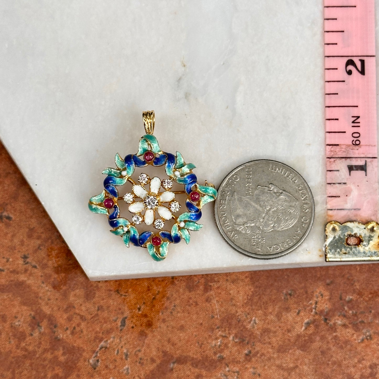 Estate 14KT Yellow Gold Round Diamond and Cabochon Ruby Enamel Pin Pendant