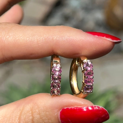 Estate 14KT Yellow Gold Pink Sapphire and Diamond Huggie Hoop Earrings