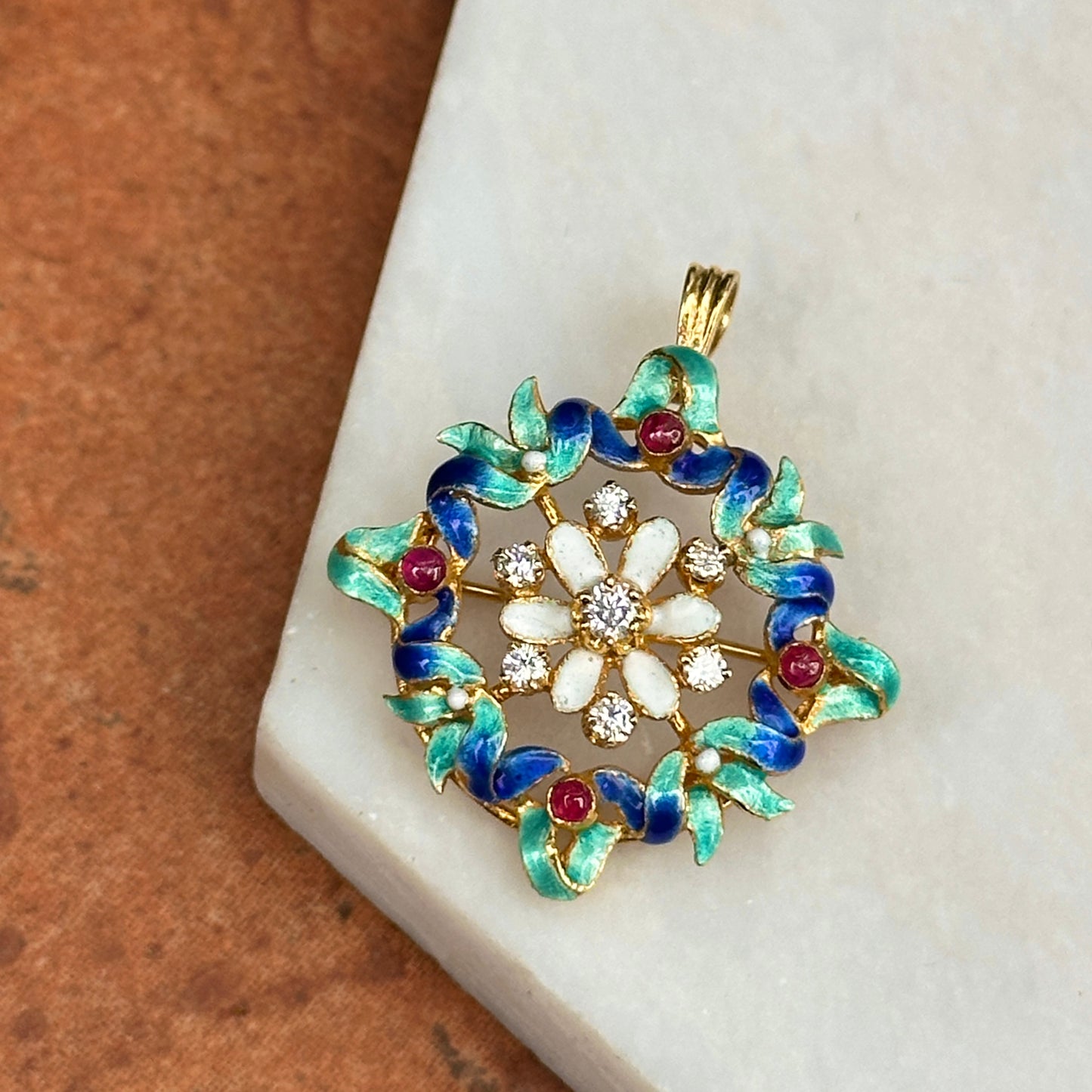 Estate 14KT Yellow Gold Round Diamond and Cabochon Ruby Enamel Pin Pendant