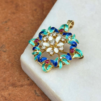 Estate 14KT Yellow Gold Round Diamond and Cabochon Ruby Enamel Pin Pendant