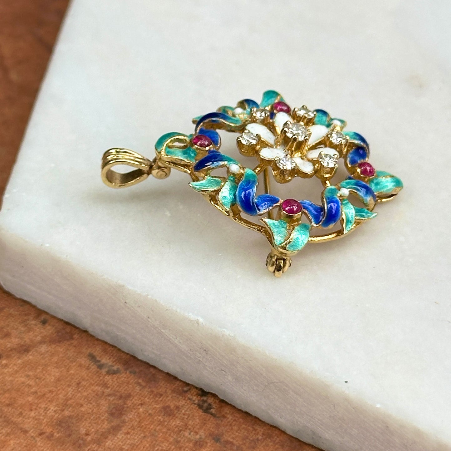 Estate 14KT Yellow Gold Round Diamond and Cabochon Ruby Enamel Pin Pendant