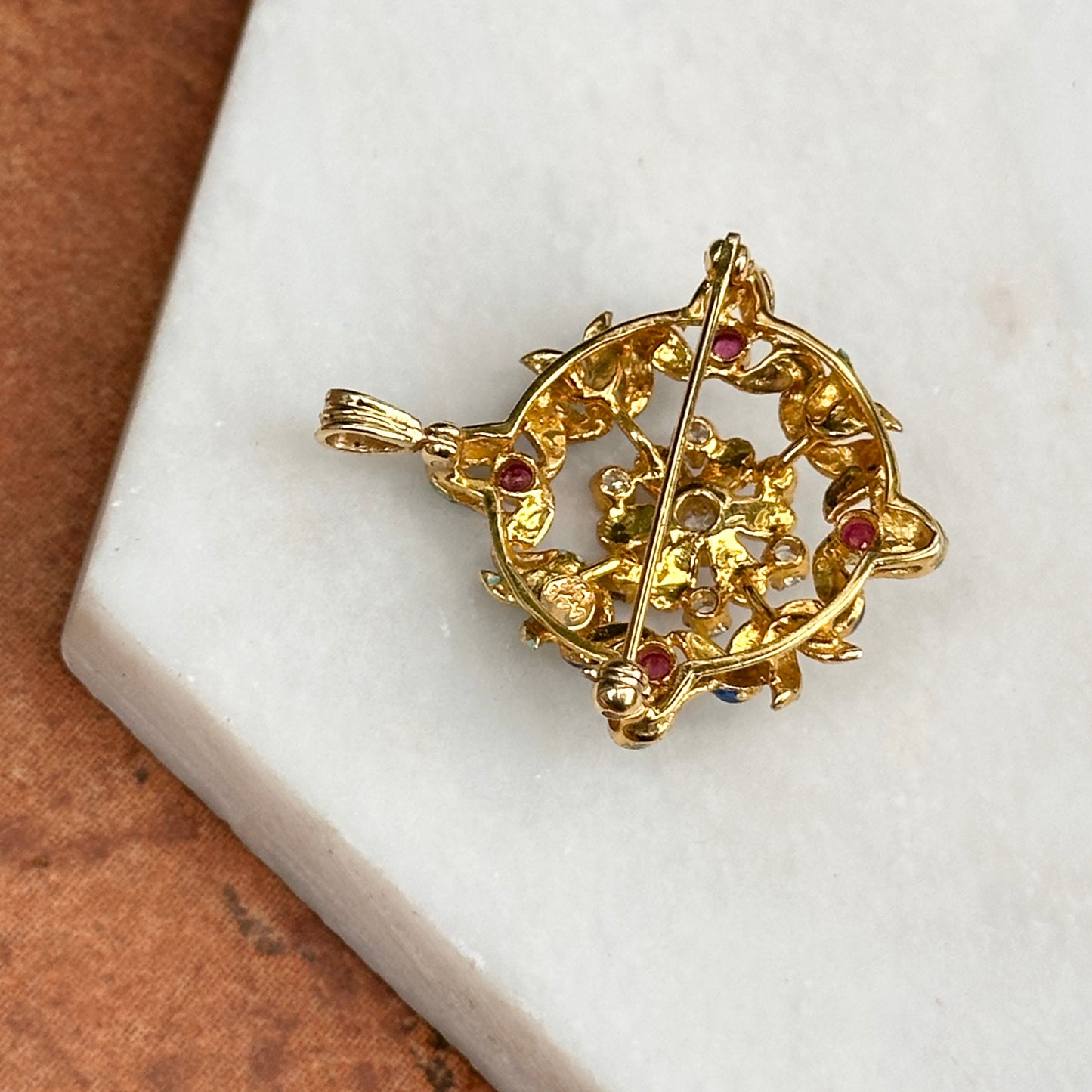 Estate 14KT Yellow Gold Round Diamond and Cabochon Ruby Enamel Pin Pendant