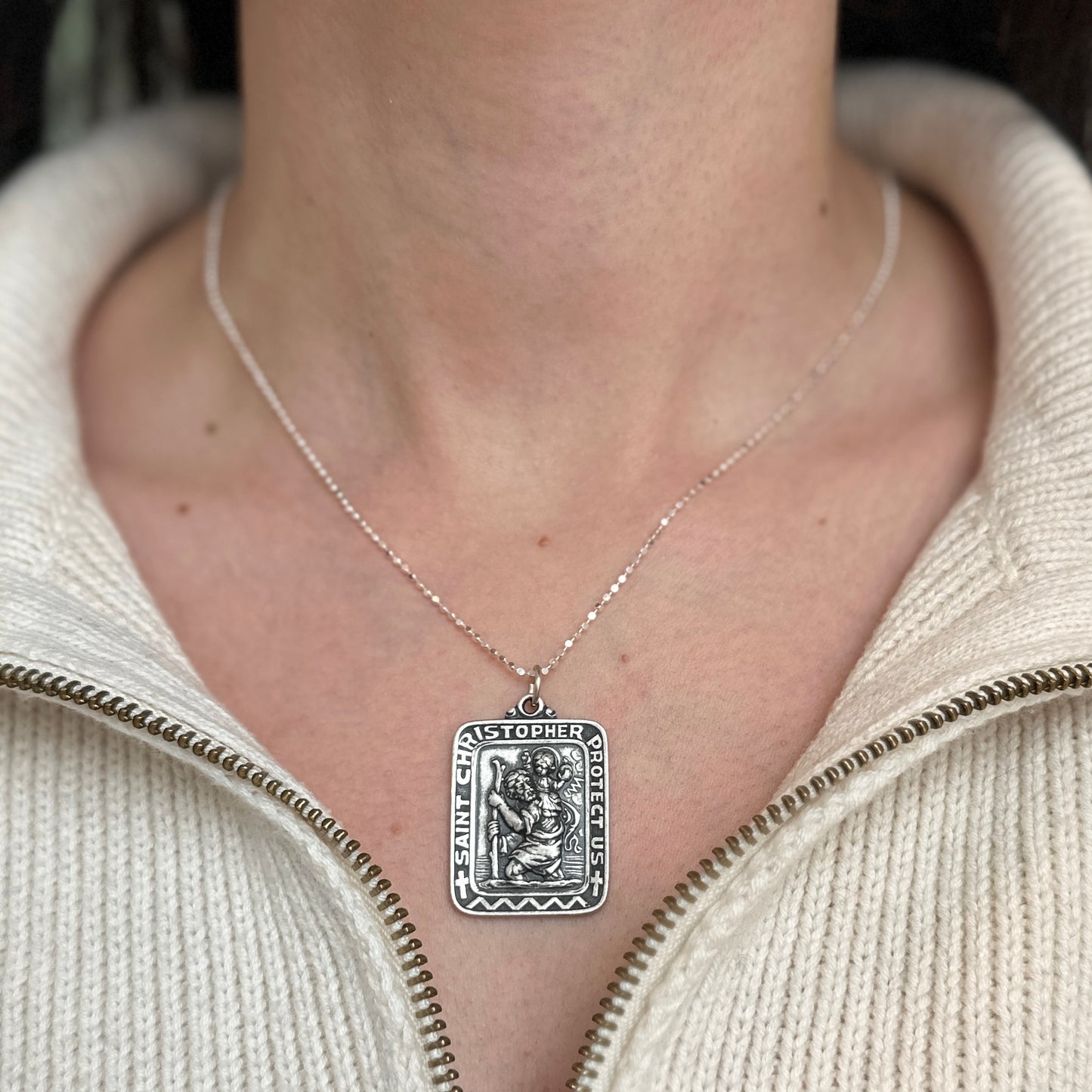 Sterling Silver Antiqued St.Christopher Rectangle Medal Charm Pendant 31mm