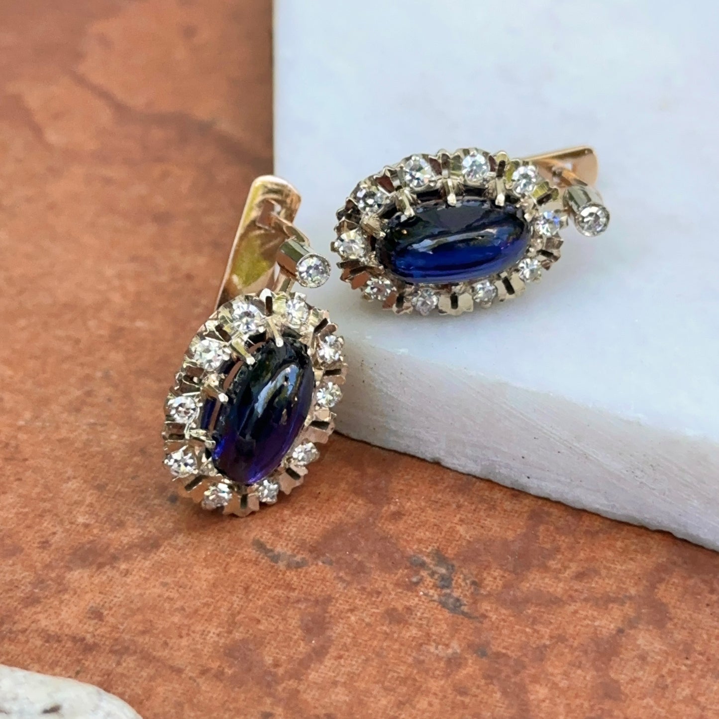 Antique 14KT Yellow Gold Halo Diamonds + Oval Cabochon Blue Sapphire Earrings
