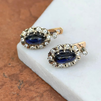 Antique 14KT Yellow Gold Halo Diamonds + Oval Cabochon Blue Sapphire Earrings