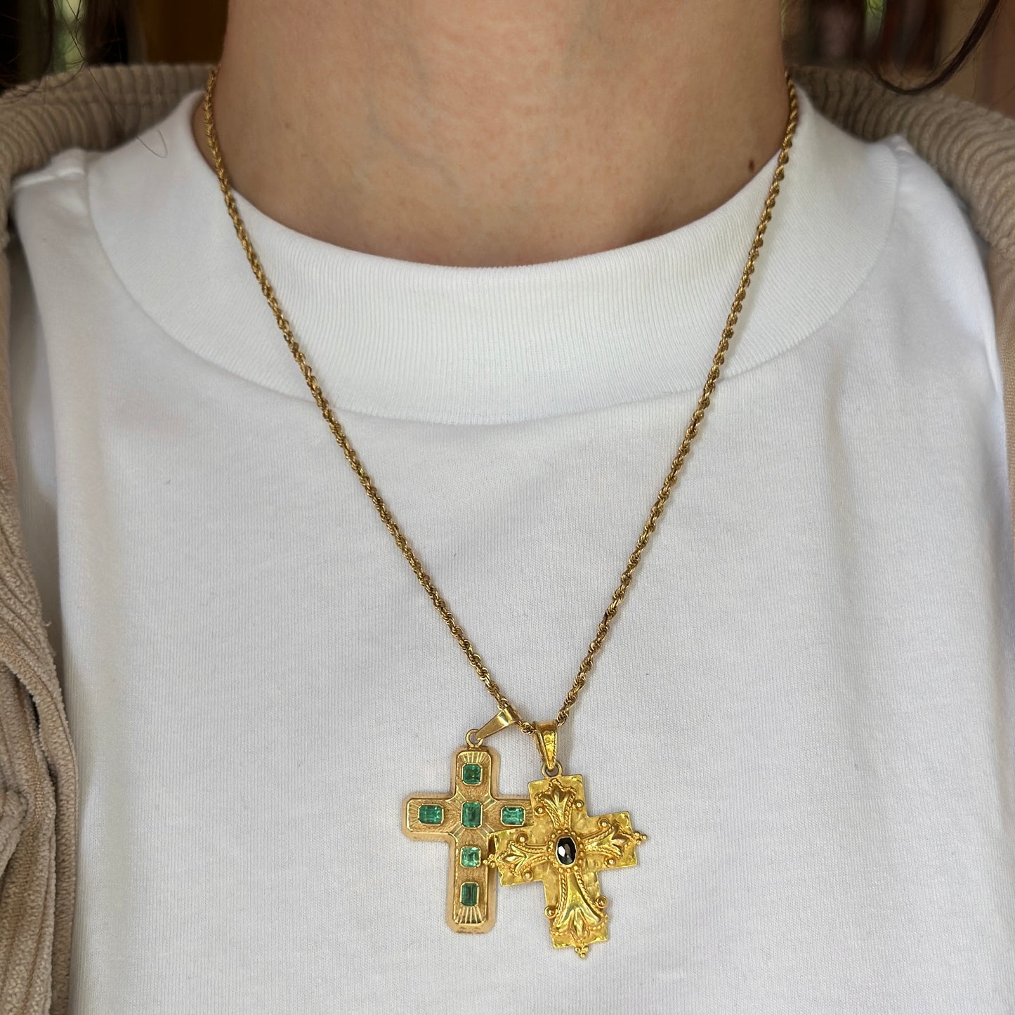 Estate 14KT Yellow Gold Byzantine Blue Sapphire Cross Pendant