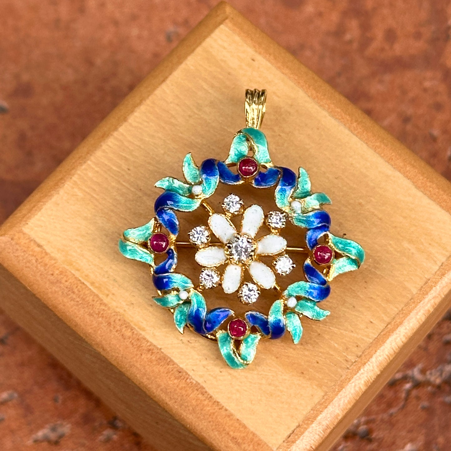 Estate 14KT Yellow Gold Round Diamond and Cabochon Ruby Enamel Pin Pendant