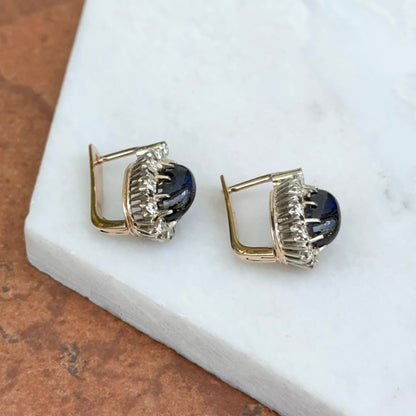 Antique 14KT Yellow Gold Halo Diamonds + Oval Cabochon Blue Sapphire Earrings