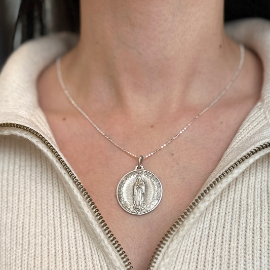 Sterling Silver Our Lady of Guadalupe Matte Medal Pendant 30mm