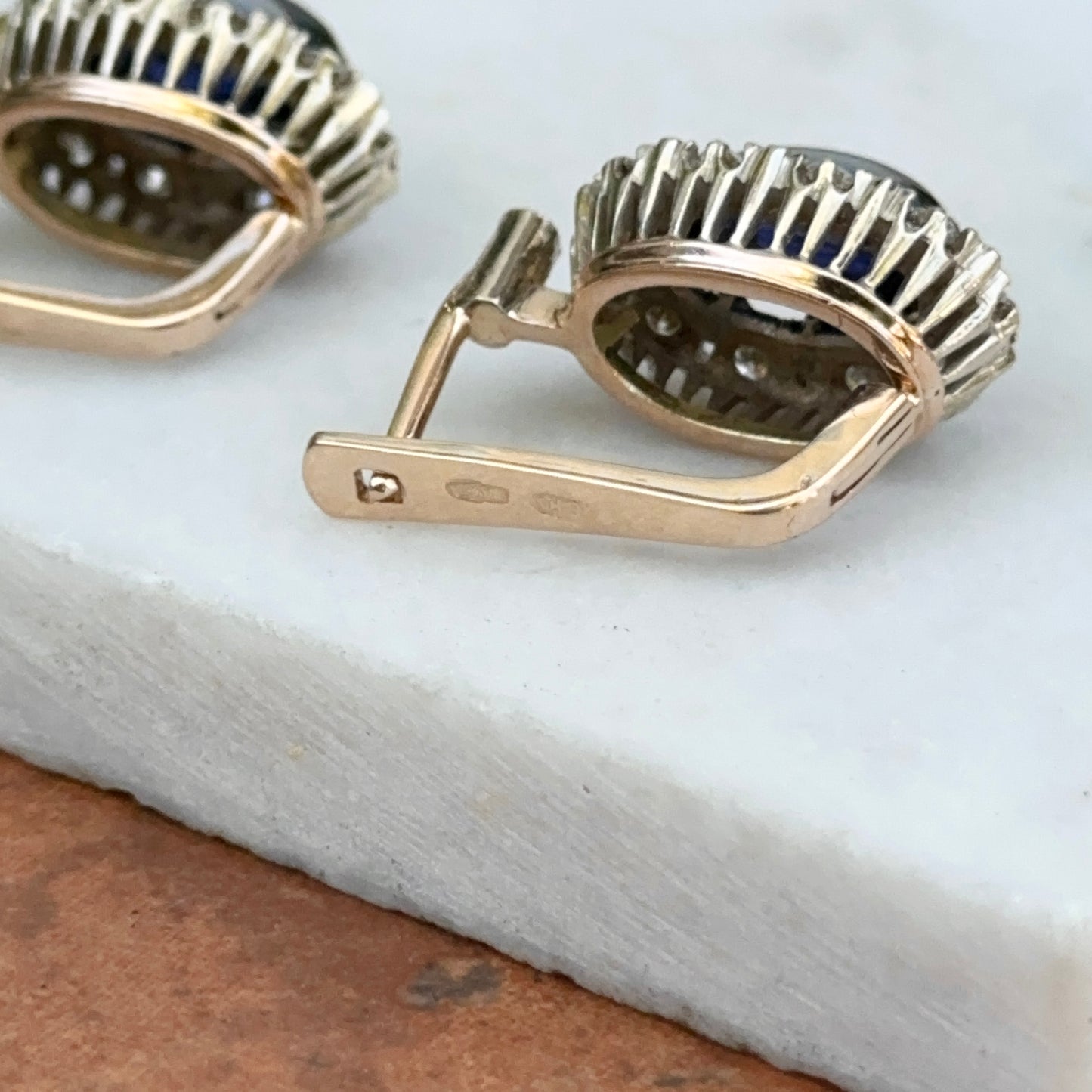 Antique 14KT Yellow Gold Halo Diamonds + Oval Cabochon Blue Sapphire Earrings