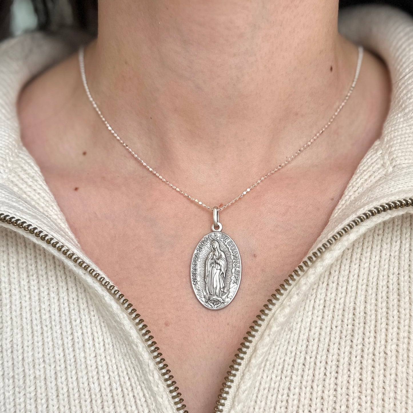 Sterling Silver Our Lady of Guadalupe Matte Oval Medal Pendant 33mm