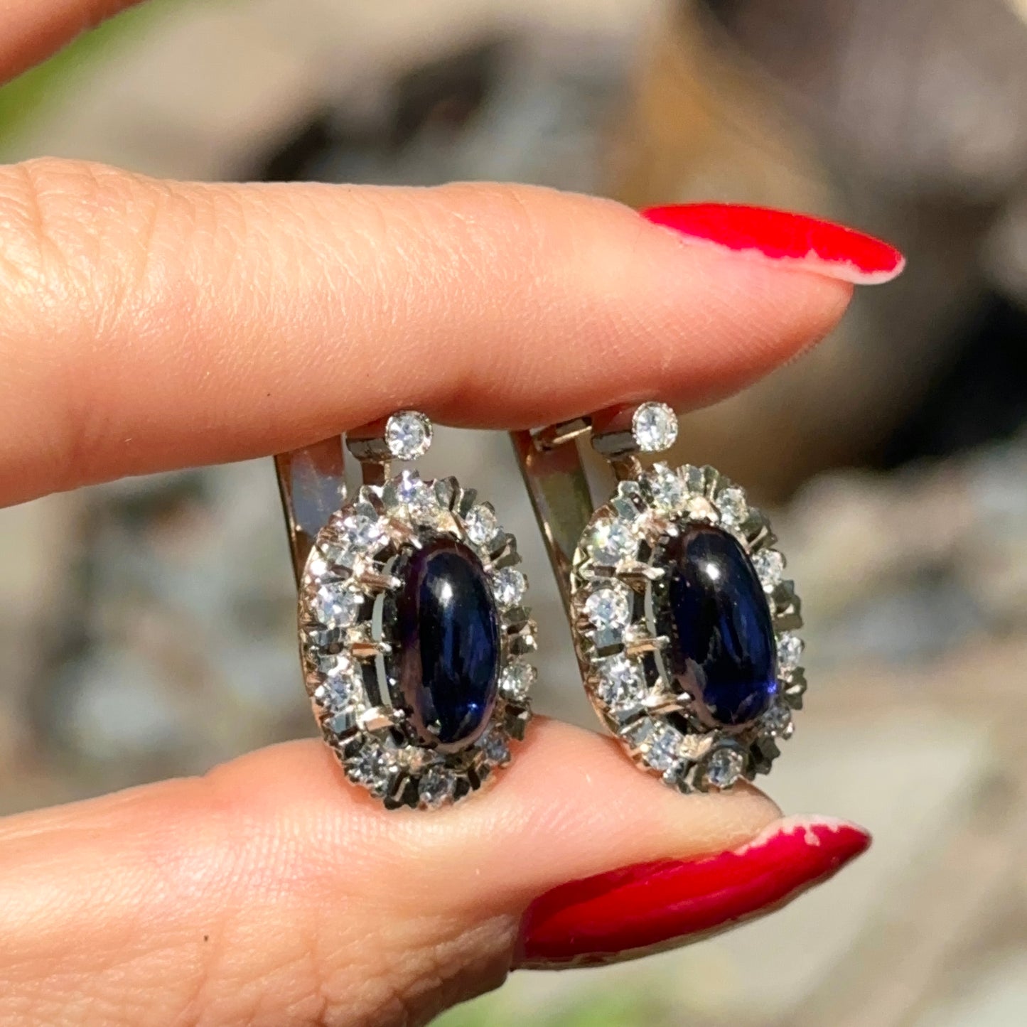 Antique 14KT Yellow Gold Halo Diamonds + Oval Cabochon Blue Sapphire Earrings