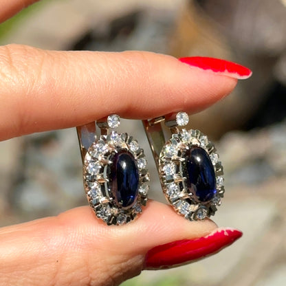 Antique 14KT Yellow Gold Halo Diamonds + Oval Cabochon Blue Sapphire Earrings