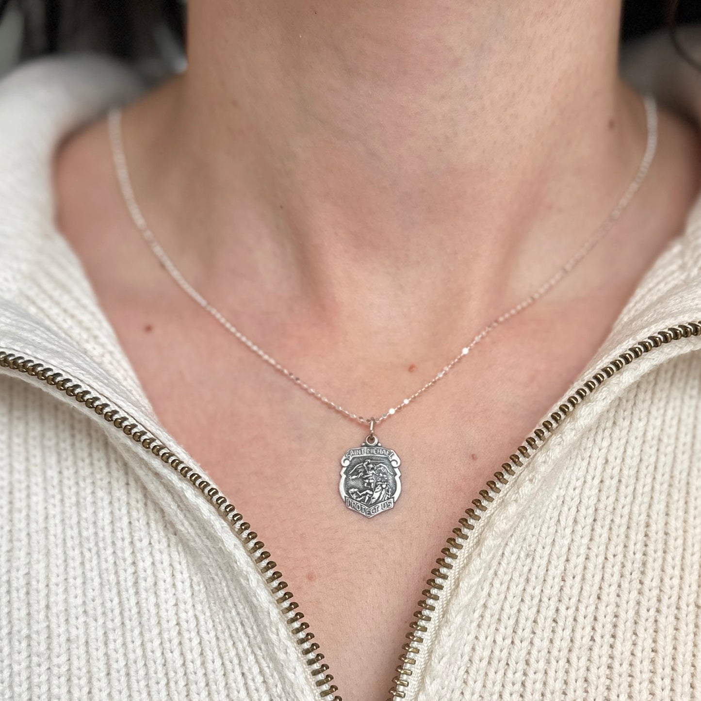 Sterling Silver Polished Saint Michael Badge Medal Pendant 16.5mm x 14mm