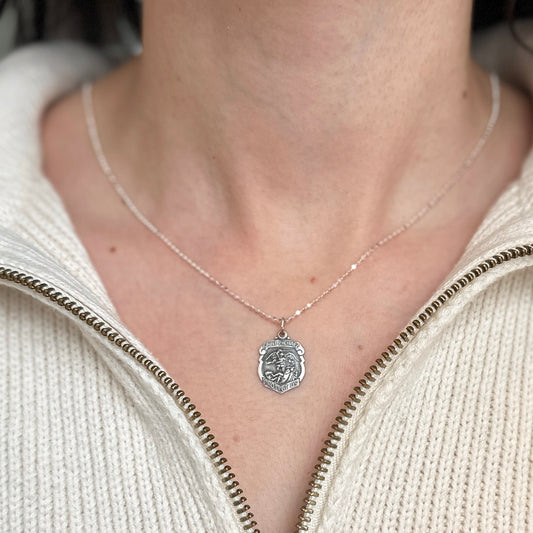 Sterling Silver Polished Saint Michael Badge Medal Pendant 16.5mm x 14mm