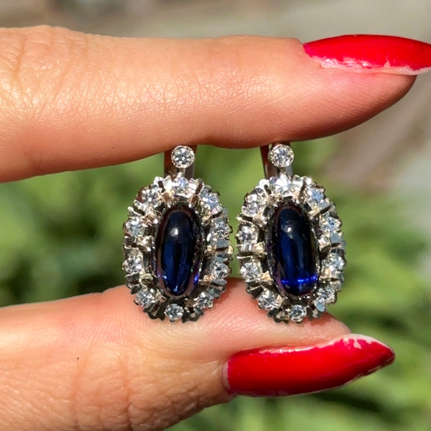 Antique 14KT Yellow Gold Halo Diamonds + Oval Cabochon Blue Sapphire Earrings
