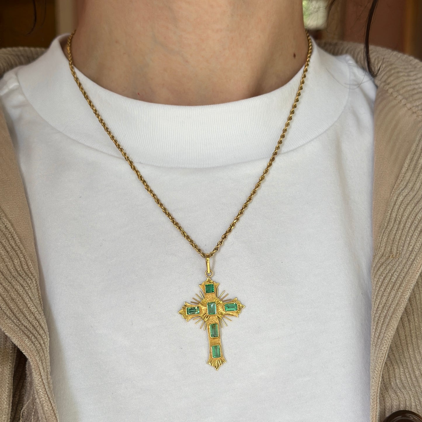 Estate 18KT Yellow Gold Emerald Ornate Cross Pendant 45mm