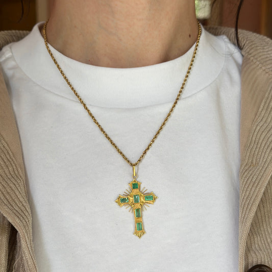 Estate 18KT Yellow Gold Emerald Ornate Cross Pendant 45mm
