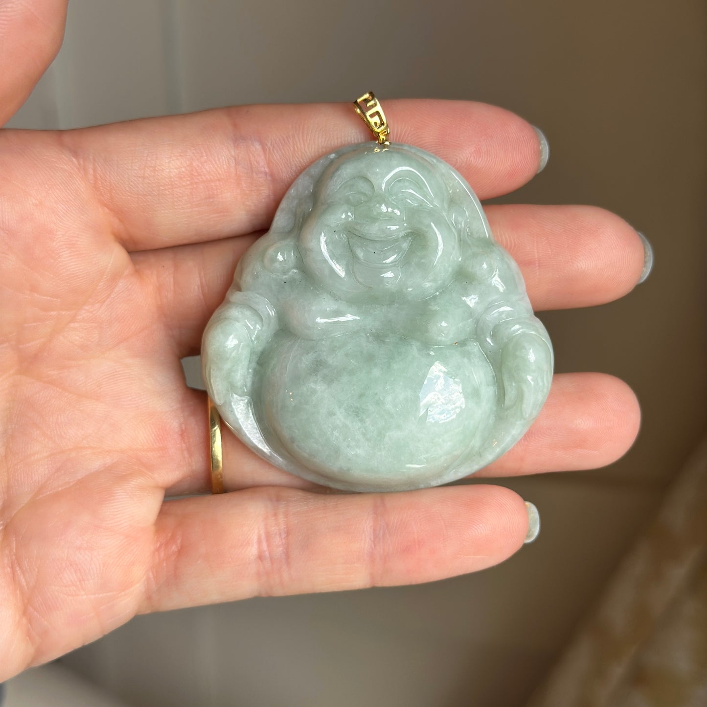 18KT Yellow Gold Greek Key Jade Buddha Pendant 60mm