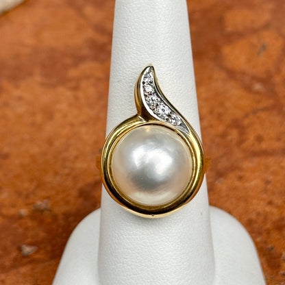 Estate 18KT Yellow Gold Round Mabe Pearl + Diamond Ring