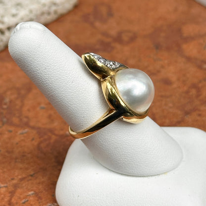 Estate 18KT Yellow Gold Round Mabe Pearl + Diamond Ring