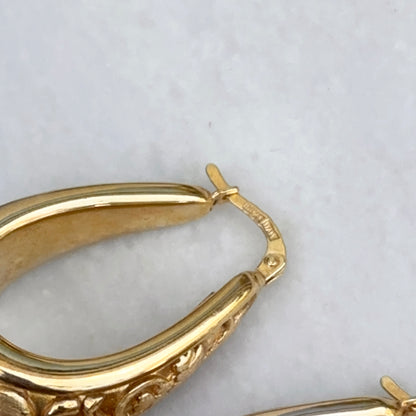 Vintage 14KT Yellow Gold Hoop Earrings Matte and Shiny Hollow Floral Design